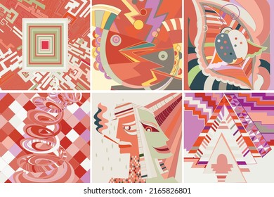 Artistic abstract vector. Poster with fancy curved shapes in graffiti wall style. Cubism art design elements. Modern mystic natural spiritual idea. Futuristic geometry in hand drawing line.