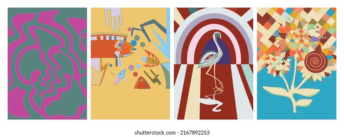 Artistic abstract vector. Poster with fancy curved shapes in graffiti wall style. Cubism art design elements. Modern mystic natural spiritual idea. Futuristic geometry in hand drawing line.