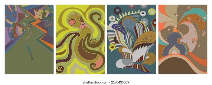 Artistic abstract vector. Poster with fancy curved shapes in graffiti wall style. Cubism art design elements. Modern mystic natural spiritual idea. Futuristic geometry in hand drawing line.