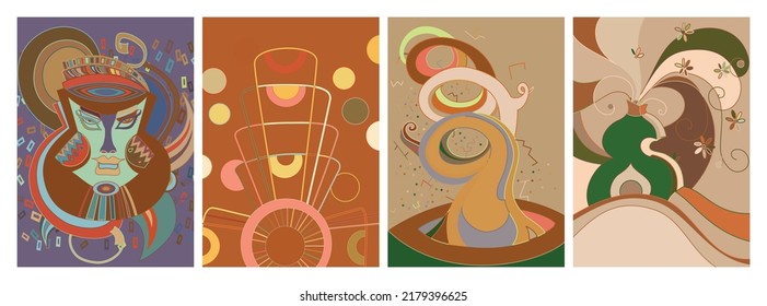 Artistic abstract vector. Poster with fancy curved shapes in graffiti wall style. Cubism art design elements. Modern mystic natural spiritual idea. Futuristic geometry in hand drawing line.