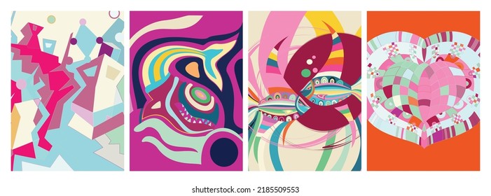 Artistic abstract vector. Poster with fancy curved shapes in graffiti wall style. Cubism art design elements. Modern mystic natural spiritual idea. Futuristic geometry in hand drawing line.