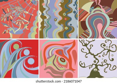 Artistic abstract vector. Poster with fancy curved shapes in graffiti wall style. Cubism art design elements. Modern mystic natural spiritual idea. Futuristic geometry in hand drawing line.
