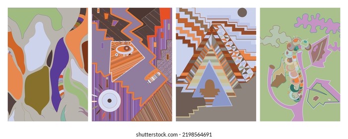 Artistic abstract vector. Poster with fancy curved shapes in graffiti wall style. Cubism art design elements. Modern mystic natural spiritual idea. Futuristic geometry in hand drawing line.