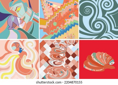 Artistic abstract vector. Poster with fancy curved shapes in graffiti wall style. Cubism art design elements. Modern mystic natural spiritual idea. Futuristic geometry in hand drawing line.