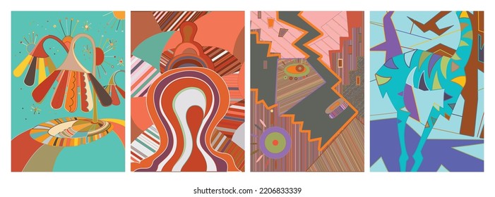 Artistic abstract vector. Poster with fancy curved shapes in graffiti wall style. Cubism art design elements. Modern mystic natural spiritual idea. Futuristic geometry in hand drawing line.