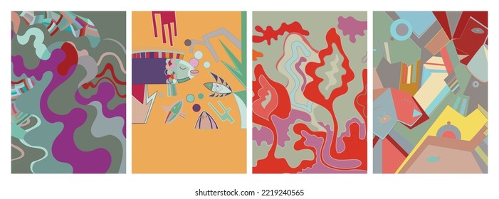 Artistic abstract vector. Poster with fancy curved shapes in graffiti wall style. Cubism art design elements. Modern mystic natural spiritual idea. Futuristic geometry in hand drawing line.