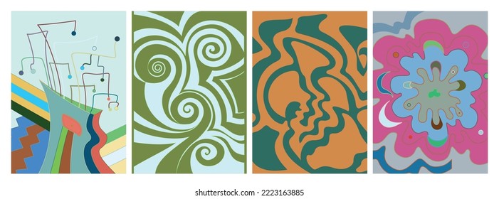 Artistic abstract vector. Poster with fancy curved shapes in graffiti wall style. Cubism art design elements. Modern mystic natural spiritual idea. Futuristic geometry in hand drawing line.