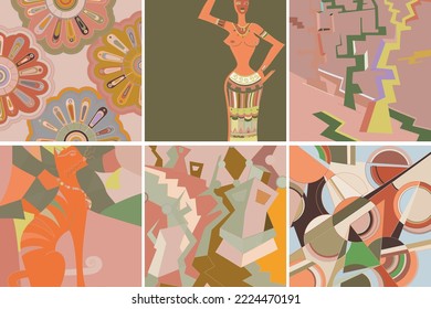 Artistic abstract vector. Poster with fancy curved shapes in graffiti wall style. Cubism art design elements. Modern mystic natural spiritual idea. Futuristic geometry in hand drawing line.