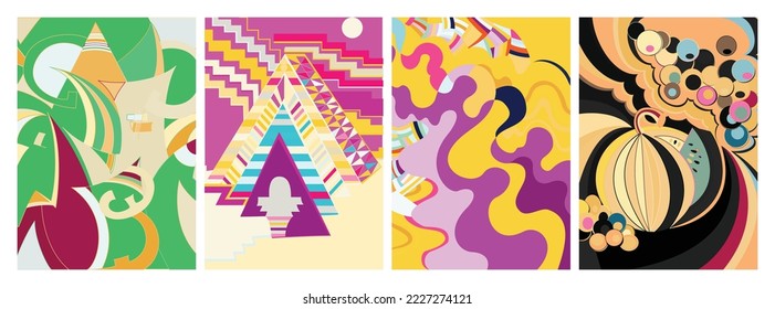 Artistic abstract vector. Poster with fancy curved shapes in graffiti wall style. Cubism art design elements. Modern mystic natural spiritual idea. Futuristic geometry in hand drawing line.