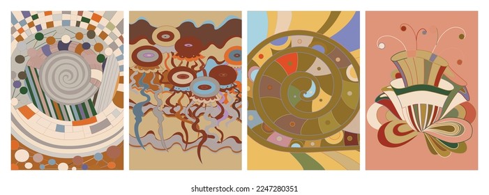 Artistic abstract vector. Poster with fancy curved shapes in graffiti wall style. Cubism art design elements. Modern mystic natural spiritual idea. Futuristic geometry in hand drawing line.