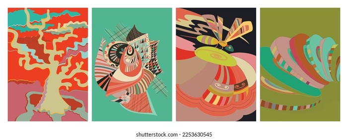 Artistic abstract vector. Poster with fancy curved shapes in graffiti wall style. Cubism art design elements. Modern mystic natural spiritual idea. Futuristic geometry in hand drawing line.