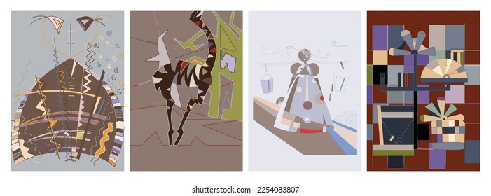 Artistic abstract vector. Poster with fancy curved shapes in graffiti wall style. Cubism art design elements. Modern mystic natural spiritual idea. Futuristic geometry in hand drawing line.