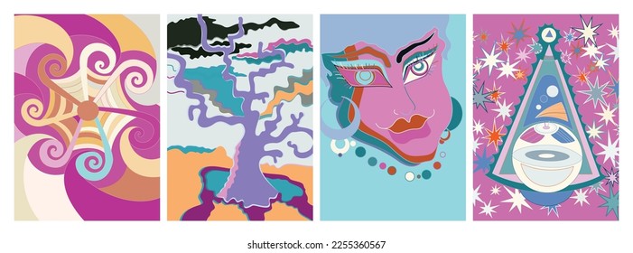Artistic abstract vector. Poster with fancy curved shapes in graffiti wall style. Cubism art design elements. Modern mystic natural spiritual idea. Futuristic geometry in hand drawing line.