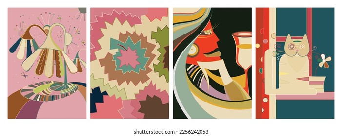 Artistic abstract vector. Poster with fancy curved shapes in graffiti wall style. Cubism art design elements. Modern mystic natural spiritual idea. Futuristic geometry in hand drawing line.