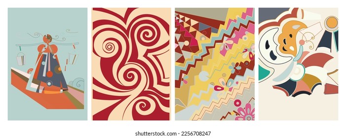 Artistic abstract vector. Poster with fancy curved shapes in graffiti wall style. Cubism art design elements. Modern mystic natural spiritual idea. Futuristic geometry in hand drawing line.