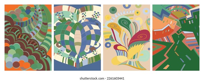 Vector artístico abstracto. Afiche con lujosas formas curvadas al estilo de la pared de graffiti. Elementos de diseño de arte cubista. Idea espiritual mística moderna y natural. Geometría futurista en línea de dibujo a mano.