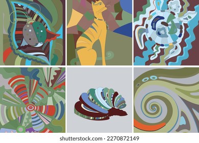 Artistic abstract vector. Poster with fancy curved shapes in graffiti wall style. Cubism art design elements. Modern mystic natural spiritual idea. Futuristic geometry in hand drawing line.