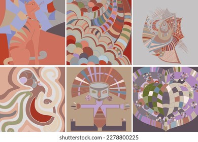 Artistic abstract vector. Poster with fancy curved shapes in graffiti wall style. Cubism art design elements. Modern mystic natural spiritual idea. Futuristic geometry in hand drawing line.