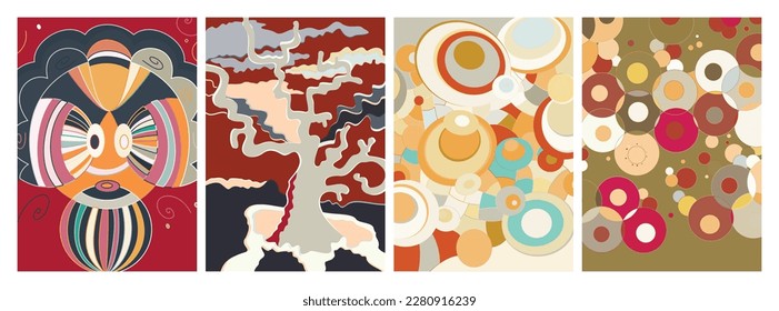 Artistic abstract vector. Poster with fancy curved shapes in graffiti wall style. Cubism art design elements. Modern mystic natural spiritual idea. Futuristic geometry in hand drawing line.