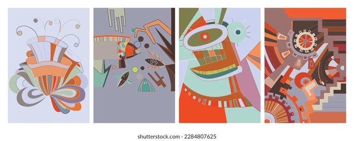 Artistic abstract vector. Poster with fancy curved shapes in graffiti wall style. Cubism art design elements. Modern mystic natural spiritual idea. Futuristic geometry in hand drawing line.