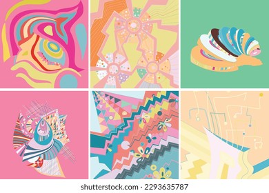 Artistic abstract vector. Poster with fancy curved shapes in graffiti wall style. Cubism art design elements. Modern mystic natural spiritual idea. Futuristic geometry in hand drawing line.