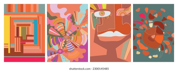 Artistic abstract vector. Poster with fancy curved shapes in graffiti wall style. Cubism art design elements. Modern mystic natural spiritual idea. Futuristic geometry in hand drawing line.