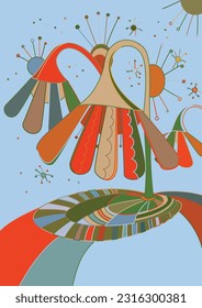 Artistic abstract vector. Poster with fancy curved shapes in graffiti wall style. Cubism art design elements. Modern mystic natural spiritual idea. Futuristic geometry in hand drawing line.