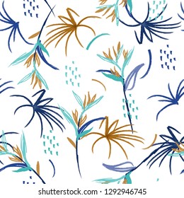 Artistic abstract watercolor brush seamless pattern. summer Hand drawn art illustration   Hand drawn sketch tropical bird of paradise palm leaves, texture, splatter, brush strokes on white 