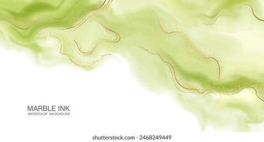 Artistic abstract watercolor green banner with golden wavy line. Fluid art. Trendy design