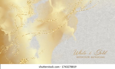 Artistic abstract watercolor painting with paper texture. Art gold and white background