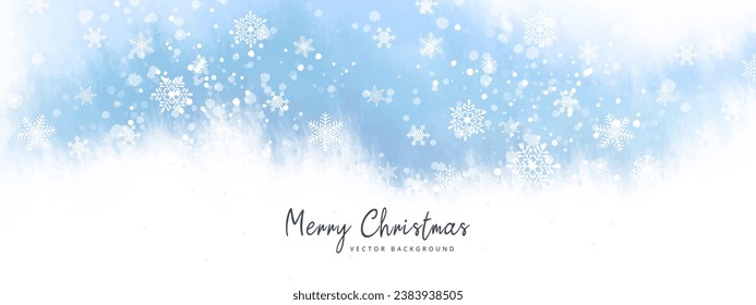 Künstlerisch abstrakter Winterurlaubshintergrund. Weihnachtsblaue Vektorlandschaft mit Aquarell-Schneestextur und Schneeflocken. Illustration für Poster, Tapete, Banner, Grußkarte, Werbung