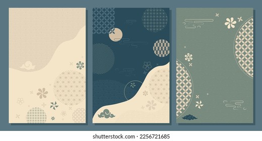 Artistic abstraction with Asian traditional background elements. Floral decoration, Japanese clouds in vintage style. Natural luxury vector texture. Set of geometric and abstract pattern.
