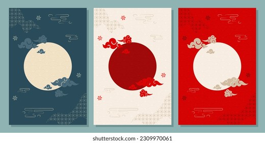 Artistic abstraction with Asian traditional background elements. Floral decoration, Japanese, chinese clouds in vintage style. Natural luxury vector texture. Set of geometric and abstract pattern.