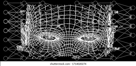 Artistic abstraction composed of human face wireframe and glitched elements on the subject of mind, reason, thought, mental powers and  Artificial intelligence consciousness.