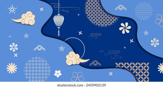 Artistic abstraction with traditional Asian background elements. Floral decor, Japanese, Chinese clouds in vintage style. Natural luxury vector blue texture. Geometric and abstract patterns.