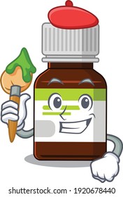 An artistic antibiotic bottle artist mascot design paint using a brush