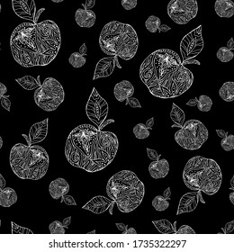 Artistic apple against black background. Drawn by hand. Black and white. Vector hand drawing fruits. The pattern can be applied to fabric, wallpaper or wrapping paper.