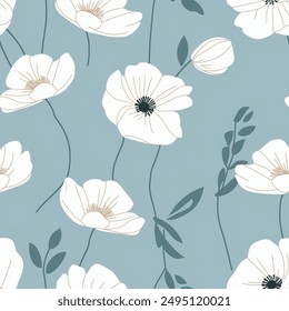 Artistic Aqua Brown French Grey White Abstract Wild Flower Elegant Leaf Watercolor Scandinavian Chic Design Seamless Pattern Wallpaper Curtain Bedding Upholstery Pastel Fabric Background Vector