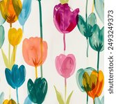 Artistic Aqua Terra Brown French Grey White Rainbow Abstract Tulip Flower Elegant Leaf Watercolor Scandinavian Design Seamless Pattern Wallpaper Curtain Bedding Upholstery Pastel Background Vector