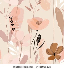 Artistic Aqua Terra Brown French Grey Abstract Wild Flower Elegant Leaf Watercolor Scandinavian Design Seamless Pattern Wallpaper Curtain Bedding Upholstery White Background Vector