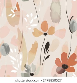 Artistic Aqua Terra Brown French Grey Abstract Wild Flower Elegant Leaf Watercolor Scandinavian Design Seamless Pattern Wallpaper Curtain Bedding Upholstery White Background Vector