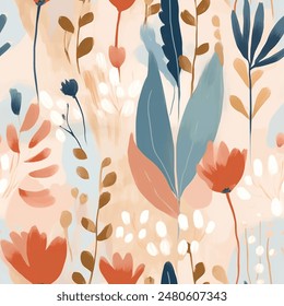 Artistic Aqua Terra Brown French Grey White  Abstract Wild Flower Elegant Leaf Watercolor Scandinavian Design Seamless Pattern Wallpaper Curtain Bedding Upholstery Pastel Background Vector