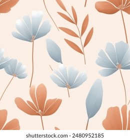 Artistic Aqua Terra Brown French Grey White  Abstract Wild Flower Elegant Leaf Watercolor Scandinavian Design Seamless Pattern Wallpaper Curtain Bedding Upholstery Pastel Background Vector