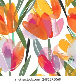 Artistic Aqua Terra Brown French Grey White Abstract Tulip Flower Elegant Leaf Watercolor Scandinavian Design Seamless Pattern Wallpaper Curtain Bedding Upholstery Pastel Background Vector