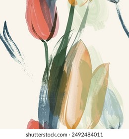 Artistic Aqua Terra Brown French Grey White Abstract Tulip Flower Elegant Leaf Watercolor Scandinavian Design Seamless Pattern Wallpaper Curtain Bedding Upholstery Pastel Background Vector