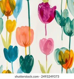 Artistic Aqua Terra Brown French Grey White Rainbow Abstract Tulip Flower Elegant Leaf Watercolor Scandinavian Design Seamless Pattern Wallpaper Curtain Bedding Upholstery Pastel Background Vector