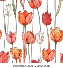 Artistic Aqua Terra Brown French Grey White Abstract Wild Tulip Flower Elegant Leaf Watercolor Scandinavian Design Seamless Pattern Wallpaper Curtain Bedding Upholstery Pastel Fabric Background Vector