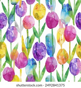 Artistic Aqua Terra Brown Rainbow  White Abstract Tulip Flower Elegant Leaf Watercolor Scandinavian Design Seamless Pattern Wallpaper Curtain Bedding Upholstery Pastel Background Vector