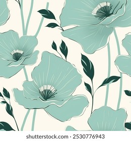 Artistic Aqua Turquoise Beige  French Grey White Abstract Wild Flower Elegant Leaf Watercolor Scandinavian Design Seamless Pattern Wallpaper Curtain Bedding Upholstery Pastel Fabric Background Vector
