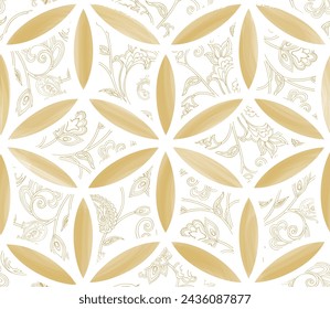 Artistic arabesque line seamless pattern. Abstract ornamental floral drawn watercolor texture. Artistic diagonal flourish diagonal brocade backdrop